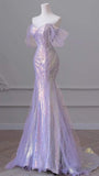 Amozae-nye outfits back to school dress  Iridescent Lilac Pearl Off-Shoulder Mermaid Dress