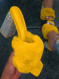 Amozae-Rhinestone Chunky Heel Furry Sandal