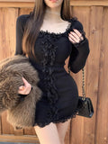 Amozae-Y2k Dress Women Clothing Kpop Lace Long sleeves Party Dresses High waist Korea Sweet Girl Mini Dressees Harajuku Sexys Dress