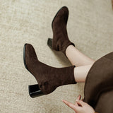 Amozae-2023 Winter Women New Fashion High Heels Solid Short Stretch Boots Ladies Round Toe Chunky Heels Slip-on Retro Style Ankle Boots