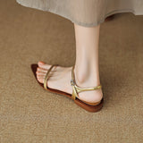 Amozae-Amozae Women New Pointed Toe Flat Heels Split Leather Shoes Summer Leisure Narrow Band Belt Buckle Sandals Женские Сандалии 2024