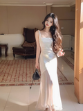 Amozae-dress to impress party dress nye outfits Off-White Satin Suspener Dress Fishtail Long Dress YM1795