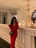 Amozae-dress to impress party dress nye outfits Vintage V Neck Prom Dress New Red Two-Piece Knitted Dress  YM1667