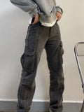 Amozae-Mid-rise faded gray cargo jeans- Streetwear y2k outfits Fall Outfits Christmas Thanksgiving Gift New Year's Eve