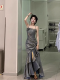 Amozae-dress to impress party dress nye outfits Pretty High Low Gray Blue Long Party Dress Mermaid Birthday Outfits YM1632