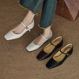 Amozae-Women Vintage Square Toe Flat Heels Sheepskin Shoes Office Ladies Belt Buckle Chunky Heels Retro Mary Janes Pumps Outdoor Wear