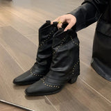 Amozae-Autumn Winter Women Trouser Short Boots Retro Style Western Knight Booties Pointed Toe Square Heels Female Shoes-Platform boots