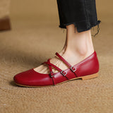 Amozae-Women Flat Heels Genuine Leather Shoes Summer Fashion Mary Jane Shoes Ladies Round Toe Belt Buckle Classic Casual Pumps