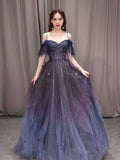 Amozae-Cyber Monday Christmas party outfits Dark starry sky purple tulle long prom dress purple evening dress BD19