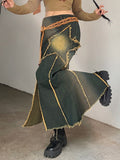 Amozae-Embroidered denim maxi skirt with slit and vintage star- Streetwear y2k outfits Fall Outfits Christmas Thanksgiving Gift New Year's Eve