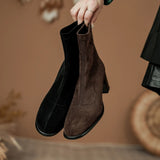 Amozae-2023 Winter Women New Fashion High Heels Solid Short Stretch Boots Ladies Round Toe Chunky Heels Slip-on Retro Style Ankle Boots