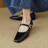 Amozae-Women New Cowhide Leather Square Toe Vintage Shoes Spring Low Heels Belt Buckle Flat Retro Office Ladies Casual Pumps Femmes