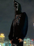 Amozae-Fall Outfits -Zip up hoodie with glittering rhinestones and face motif- Streetwear y2k outfits Fall Outfits Christmas Thanksgiving Gift New Year's Eve