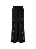 Amozae-Black parachute trousers with cargo pockets and piping details- Streetwear y2k outfits Fall Outfits Christmas Thanksgiving Gift New Year's Eve