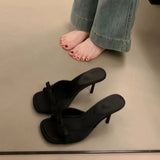 Amozae-Shoes Ladies' Slippers Low Slipers Women Thin Heels Luxury Slides Square Toe Heeled Mules Butterfly-Knot 2025 Designer Summer