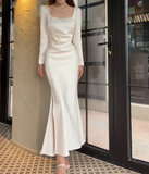 Amozae-dress to impress party dress nye outfits Elegant White Slit Prom Dress Women's Long Sleeve Birthday Dress YM1696