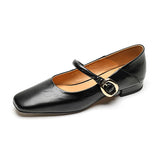 Amozae-Women Spring Genuine Leather Chunky Heels Square Toe Shoes Korean Style Femmes High Heels Belt Buckle Shallow Solid Casual Pumps