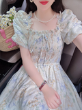 Amozae-dress to impress party dress nye outfits Puff Sleeve Bow Tie Chiffon Floral Long Dress   YM1565