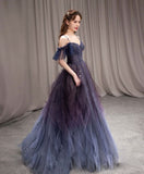 Amozae-Cyber Monday Christmas party outfits Dark starry sky purple tulle long prom dress purple evening dress BD19