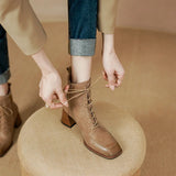 Amozae-Retro Leather Square Toe Chunky Heels Short Boots Women 2023 Autumn and Winter New Genuine Cow Leather Lace-up High-heeled Shoes