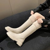 Amozae-Winter Warm Plush Women Knee High Boots Fashion Soft Leather Long Booties Street Style Square Low Heels Shoes-Platform boots