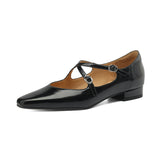 Amozae-2025 New French Cross-Strap Split Leather Mary Jane Shoes Women Ballet Flats Low Heel Square Toe for Dresses Summer Casual Pumps