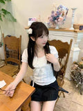 Amozae-Y2k Top Lace White Slim Kawaii Cute Women Clothes T shirt Suit Harajuku Sexy Sweet Girl Japanese Grunge Crop Top 2000s Tshirts