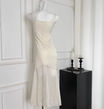 Amozae-dress to impress party dress nye outfits Off-White Satin Suspener Dress Fishtail Long Dress YM1795