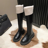 Amozae-Winter Warm Plush Women Knee High Boots Fashion Soft Leather Long Booties Street Style Square Low Heels Shoes-Platform boots