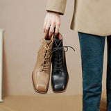 Amozae-Retro Leather Square Toe Chunky Heels Short Boots Women 2023 Autumn and Winter New Genuine Cow Leather Lace-up High-heeled Shoes