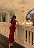 Amozae-dress to impress party dress nye outfits Sexy Red Halter Mermaid Prom Dress Print Floral Birthday Outfits YM1677