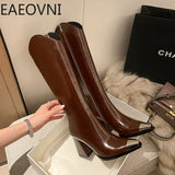 Amozae-Designer Winter Woman High Boots Fashion Pointed Toe Long Boots Shoes Ladies Elegant Square Heel Women's Knight Bootties-Platform boots