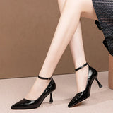 Amozae-2023 Fashion Women Patent Leather Thin High-heel Single Shoes Lady Pointed Toe  Spring Autumn Buckle Strap Office Stiletto Pumps