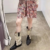 Amozae-Embroidery Women Western Cowboy Boots Fashion Slip On Thick Heel Knight Long Booties Retro Style Autumn Winter Female Shoes-Platform boots