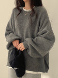 Amozae-Vintage Einfarbiger Oversize Sweater mit Geschlitztem Saum- Streetwear y2k outfits Fall Outfits Christmas Thanksgiving Gift New Year's Eve