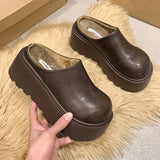 Amozae-Short Plush Chunky Women Mules Slippers Casual Cover Toe Platform Flats Slides Ladies Comfort Cotton Shoes-Platform boots