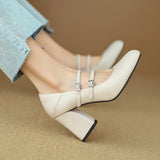 Amozae-Women Spring Genuine Leather Chunky Heels Square Toe Shoes Korean Style Femmes High Heels Belt Buckle Shallow Solid Casual Pumps