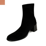 Amozae-2023 Winter Women New Fashion High Heels Solid Short Stretch Boots Ladies Round Toe Chunky Heels Slip-on Retro Style Ankle Boots