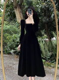 Amozae-dress to impress party dress nye outfits Black square neck velvet long dress YM713