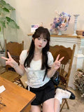 Amozae-Y2k Top Lace White Slim Kawaii Cute Women Clothes T shirt Suit Harajuku Sexy Sweet Girl Japanese Grunge Crop Top 2000s Tshirts