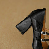 Amozae-Women Spring Genuine Leather Chunky Heels Square Toe Shoes Korean Style Femmes High Heels Belt Buckle Shallow Solid Casual Pumps