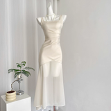 Amozae-dress to impress party dress nye outfits Off-White Satin Suspener Dress Fishtail Long Dress YM1795