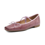 Amozae-Genuine Leather Mary Jane Shoes Women Chunky Heel Ballet Flats with Cross Elastic Strap Retro Casual Pumps for Daily Commuting