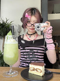 Amozae-Y2k Punk Sexy Women Clothing Gothic Stripe Streetwear Pink One shoulder Kawaii Skulls Aesthetic T Shirts 2000s Grunge Crop Top