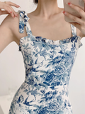 Amozae-dress to impress party dress nye outfits Blue and white porcelain floral square neck suspender dress YM466