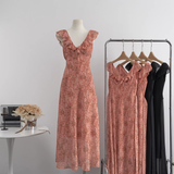 Amozae-dress to impress party dress nye outfits Orange Chiffon V Neck Floral Dress  YM1787