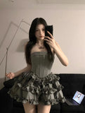 Amozae-nye outfits back to school dress  Strapless Double Breasted Ruffle Tiered Mini Dress