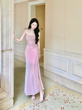 Amozae-dress to impress party dress nye outfits Luxury Suspender Evening Dress Shiny Pink Slit Party Dress YM1700