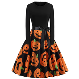 Amozae-dress to impress party dress nye outfits Halloween costume retro women's long-sleeved contrast black and pumpkin print dress YM686