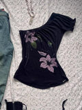 Amozae-Vintage Punk Sexy T Shirt Women Clothes 90S Summer Flower Off Shoulder Gothic Casual Slim Tees Girl Crop Femme T shirts Y2k Tops